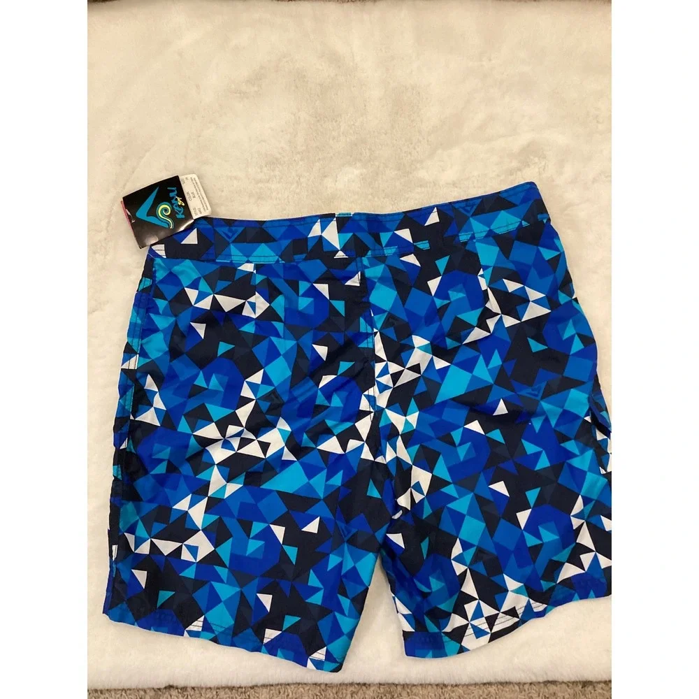 Kanu Surf Mens Geometric Print Board Shorts Blue White Swim Trunks‎ Size 34 NWT